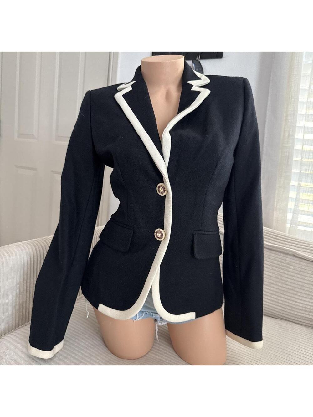 J CREW WOMENS SCHOOLBOY BLAZER JACKET IN TIPPED 100% WOOL BLACK CREAM